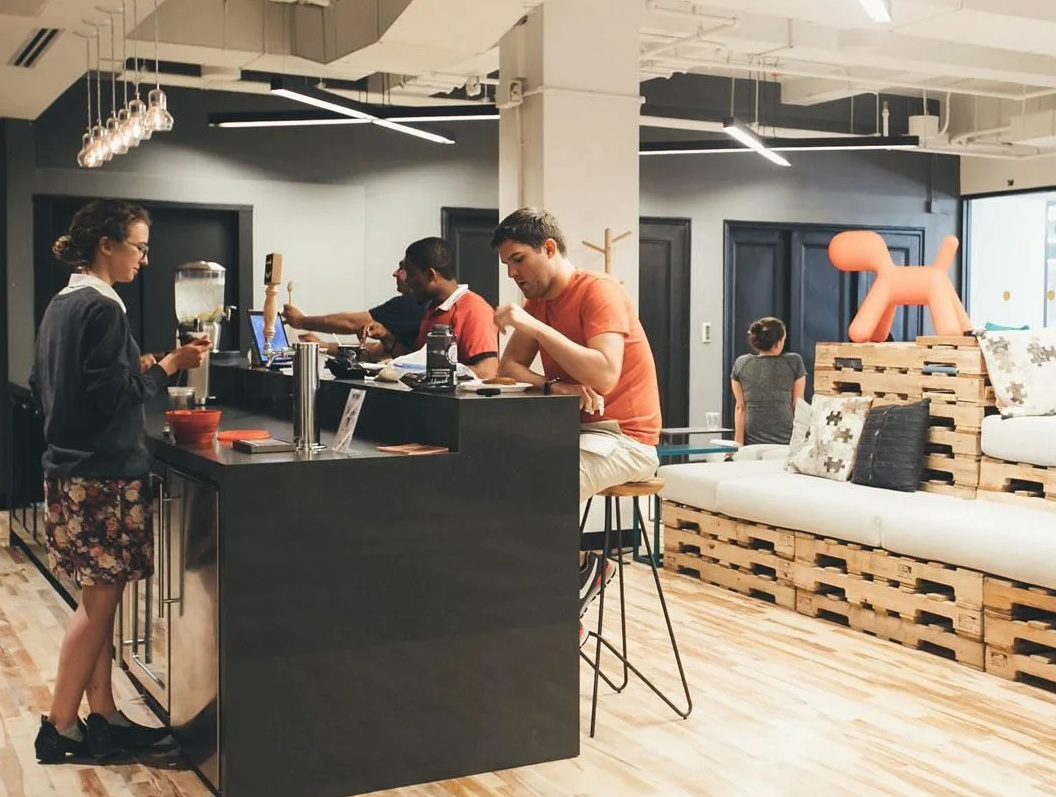 Team working in a colorful startup office